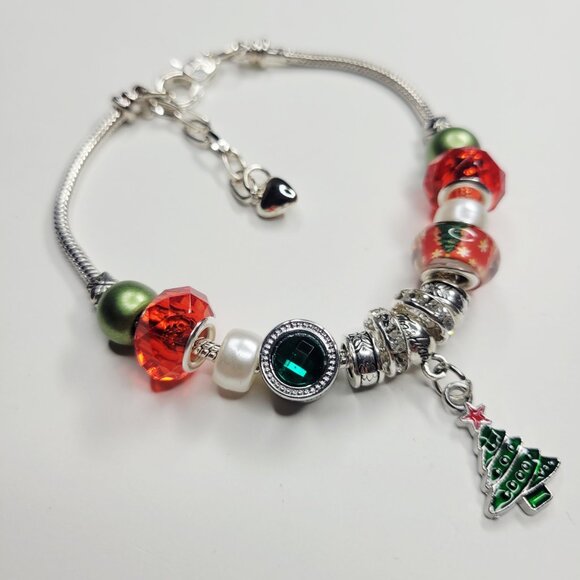 NWT Pandora Style Charm Bracelet Christmas Tree Green Red Silver Beads Star – XL - Picture 1 of 5